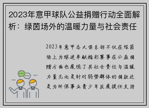 2023年意甲球队公益捐赠行动全面解析：绿茵场外的温暖力量与社会责任