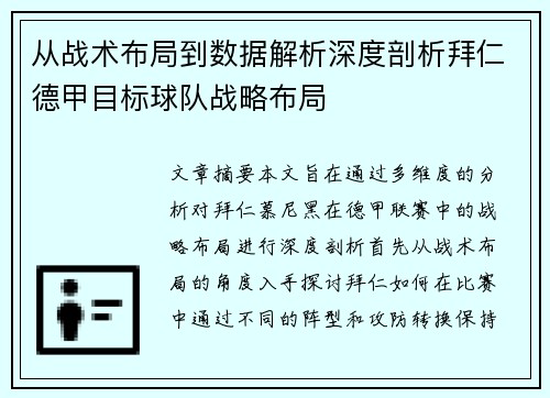 从战术布局到数据解析深度剖析拜仁德甲目标球队战略布局