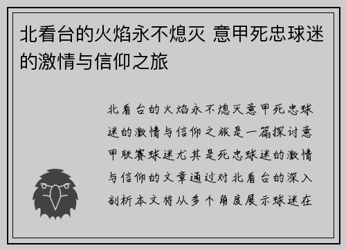 北看台的火焰永不熄灭 意甲死忠球迷的激情与信仰之旅